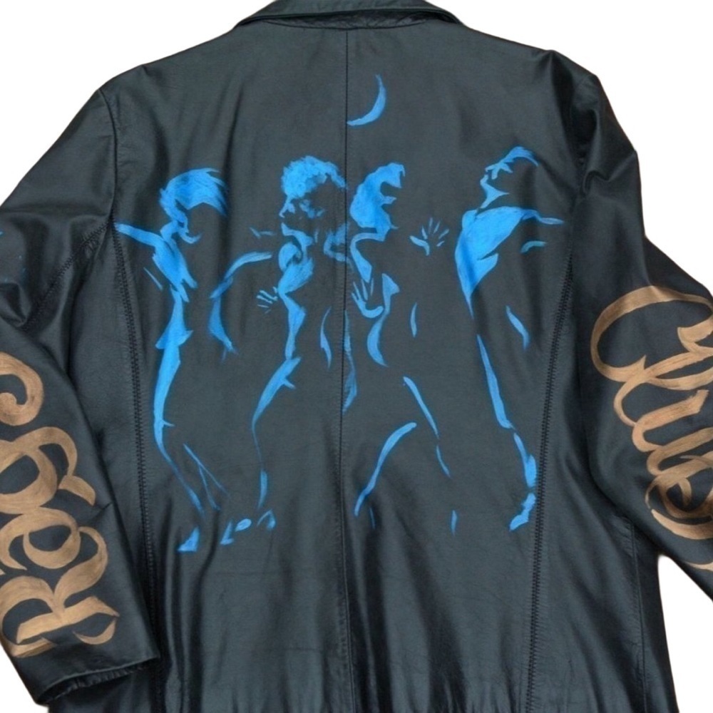 Vintage black hip length leather jacket, hand painted blue, bronze, metallic